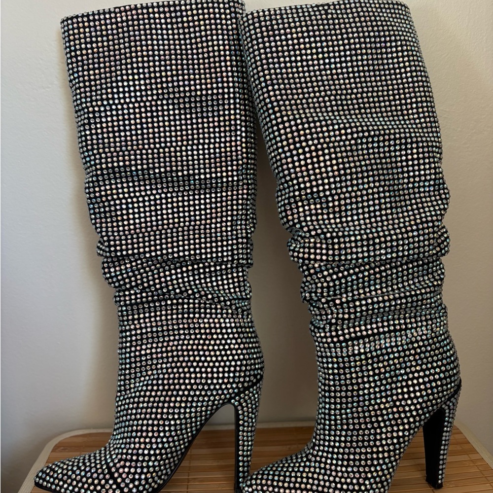 Elegant Black Rhinestone Knee-High Boots